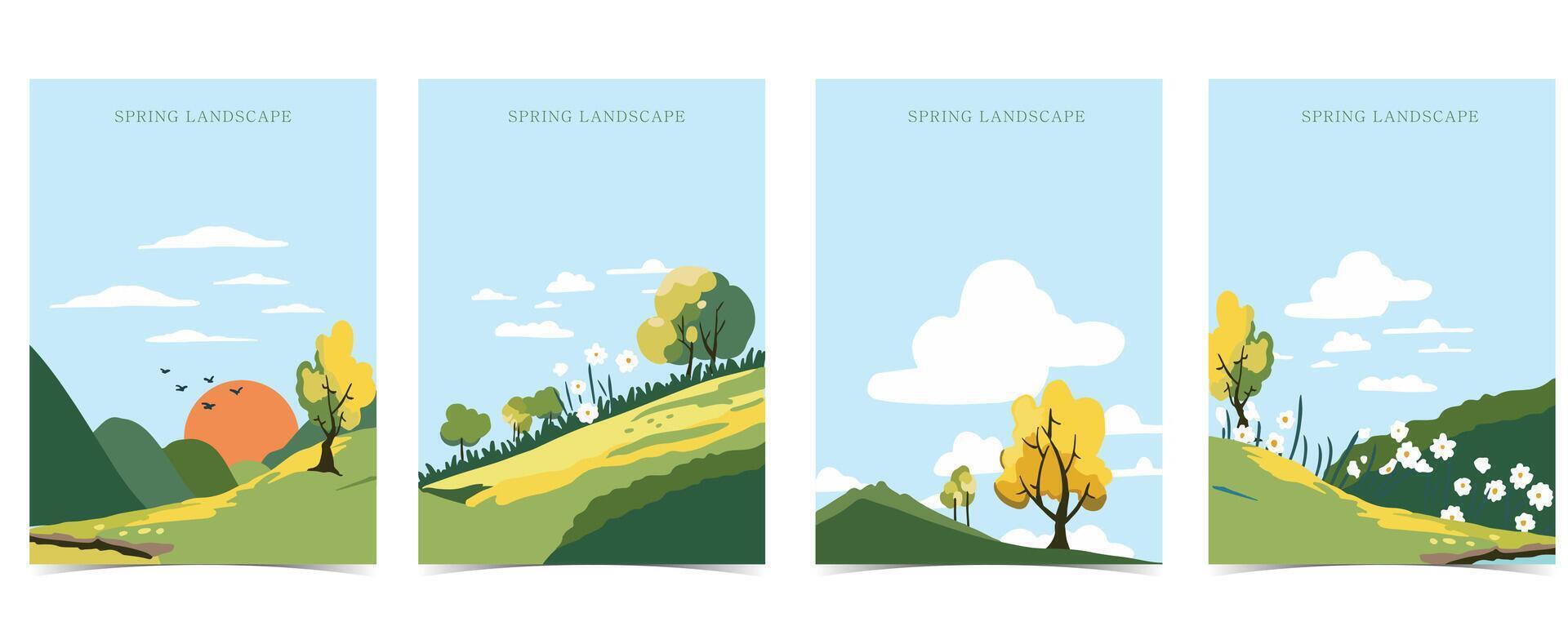 voorjaar landschap achtergrond met berg en boom bewerkbare vector illustratie voor ansichtkaart,a4 verticaal grootte