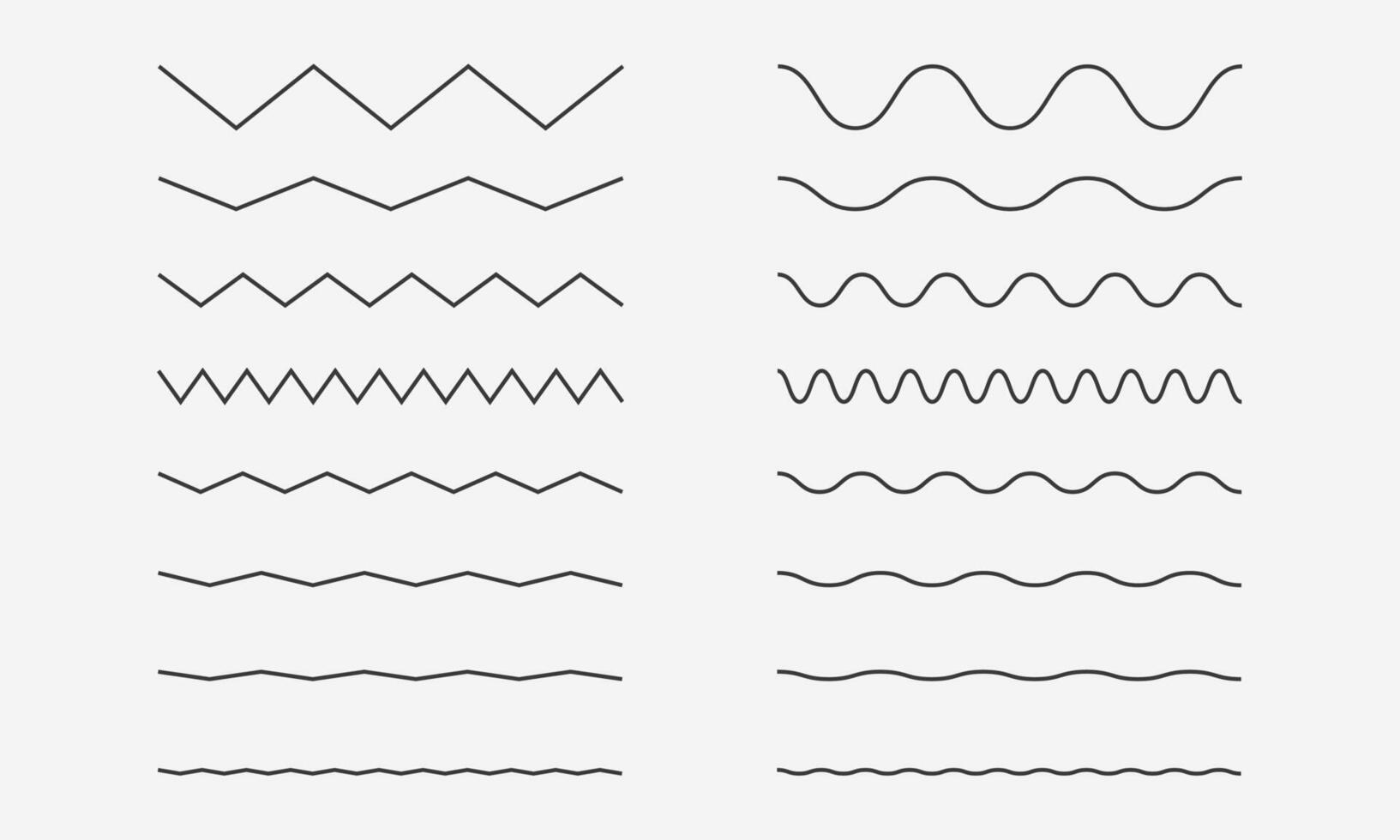 Golf zigzag lijnen set. onderstreept, glad einde kronkelig horizontaal, kronkels. vector illustratie