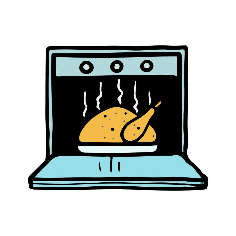 geheel kalkoen gebakken in oven. hand- getrokken vector kleur illustratie.