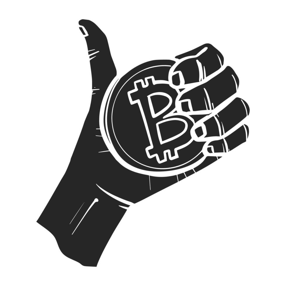 hand- Holding bitcoin munt en gebaren duim omhoog vector illustratie