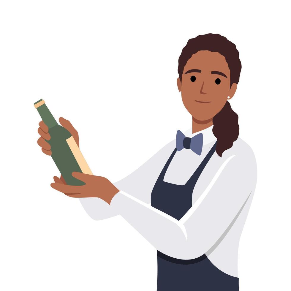 sommelier Holding glas fles van oud wijn. alcohol deskundige, vrouw barman met de elite luxe alcoholisch drinken in hand. professioneel wijnmaker vector