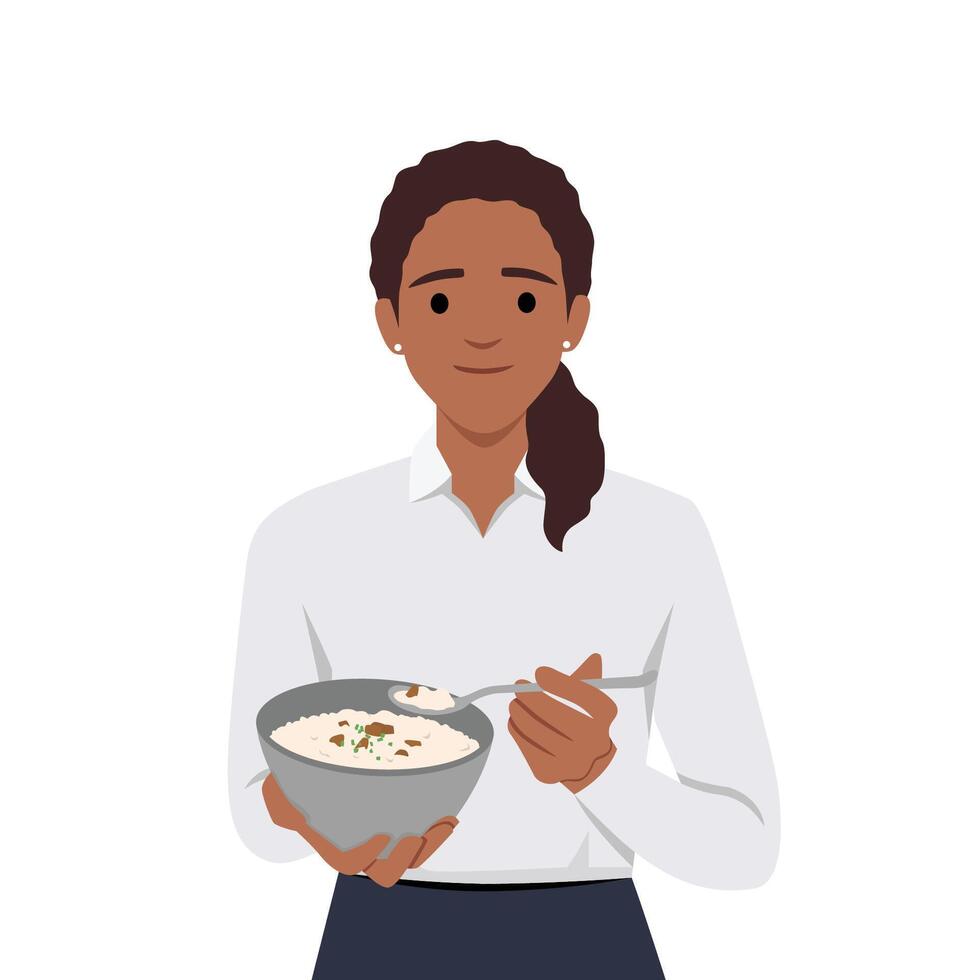 vrouw aan het eten gebakken rijst- gebruik makend van lepel in vlak ontwerp Aan wit achtergrond. Aziatisch lunch maaltijd. vector