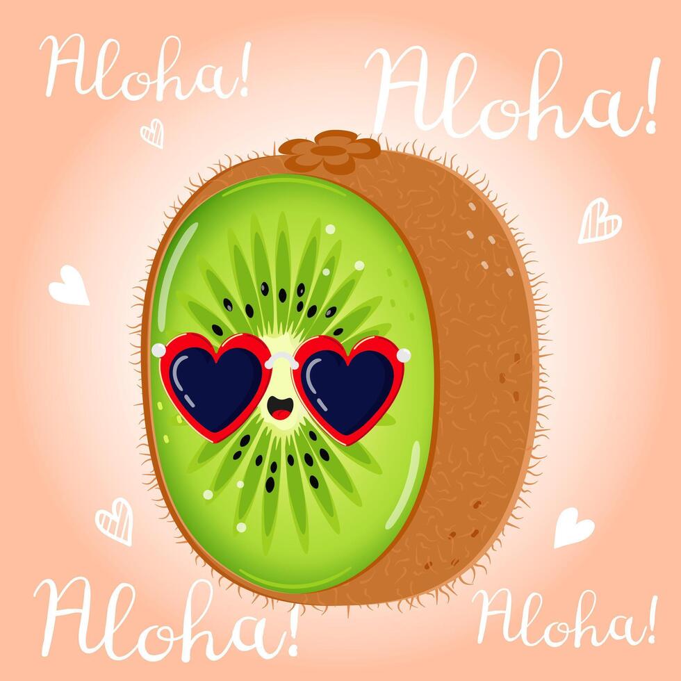 schattig grappig kiwi fruit karakter. vector hand- getrokken tekenfilm kawaii karakter illustratie icoon. geïsoleerd Aan roze achtergrond. kiwi fruit karakter concept. aloha kaart