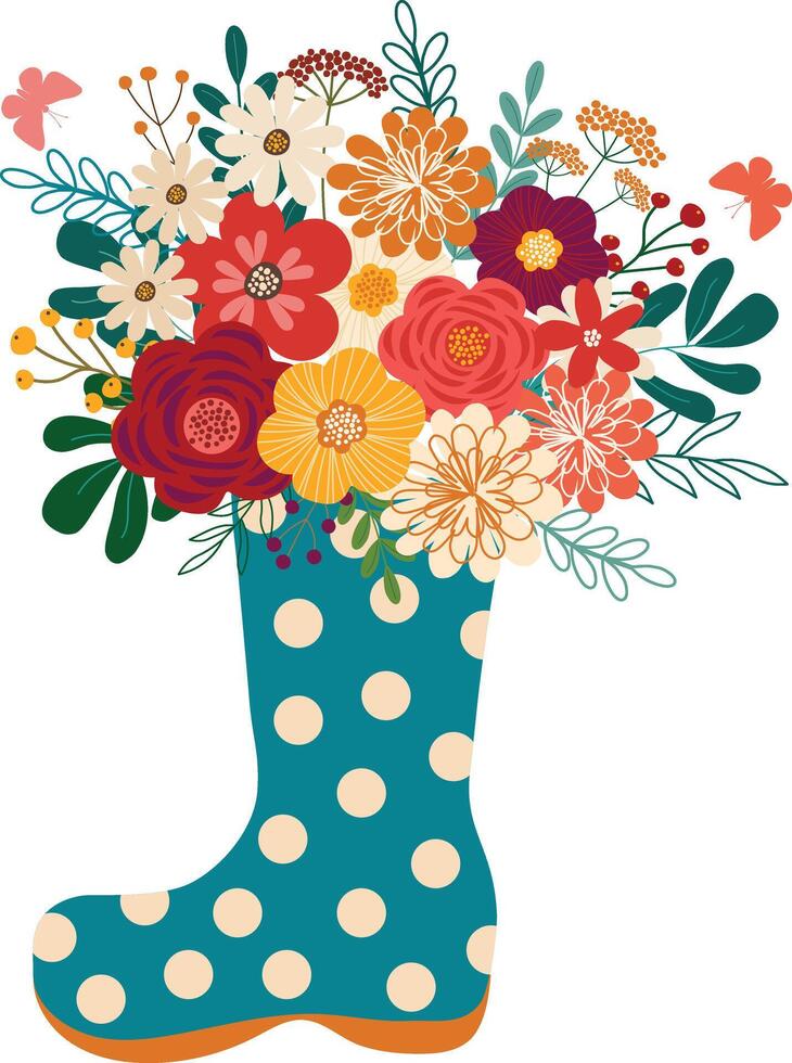 voorjaar kleurrijk wilde bloemen boeket in laarzen hand- getrokken vector illustratie element voor decoratie uitnodiging verjaardag partij groet viering kaart poster ansichtkaart en achtergrond