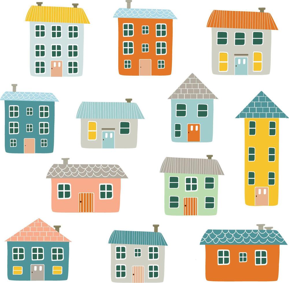 voorjaar zomer kleurrijk minimaal klein huis stad- dorp elementen hand- getrokken vector illustratie