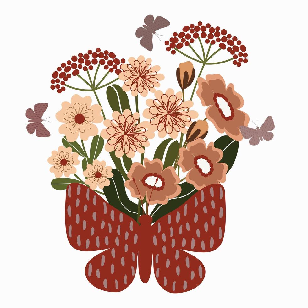 aanbiddelijk boho wild bloemen boeket met vlinder hand- getrokken vector illustratie element ornament voor decoratie groet verjaardag bruiloft uitnodiging verjaardag kaart achtergrond