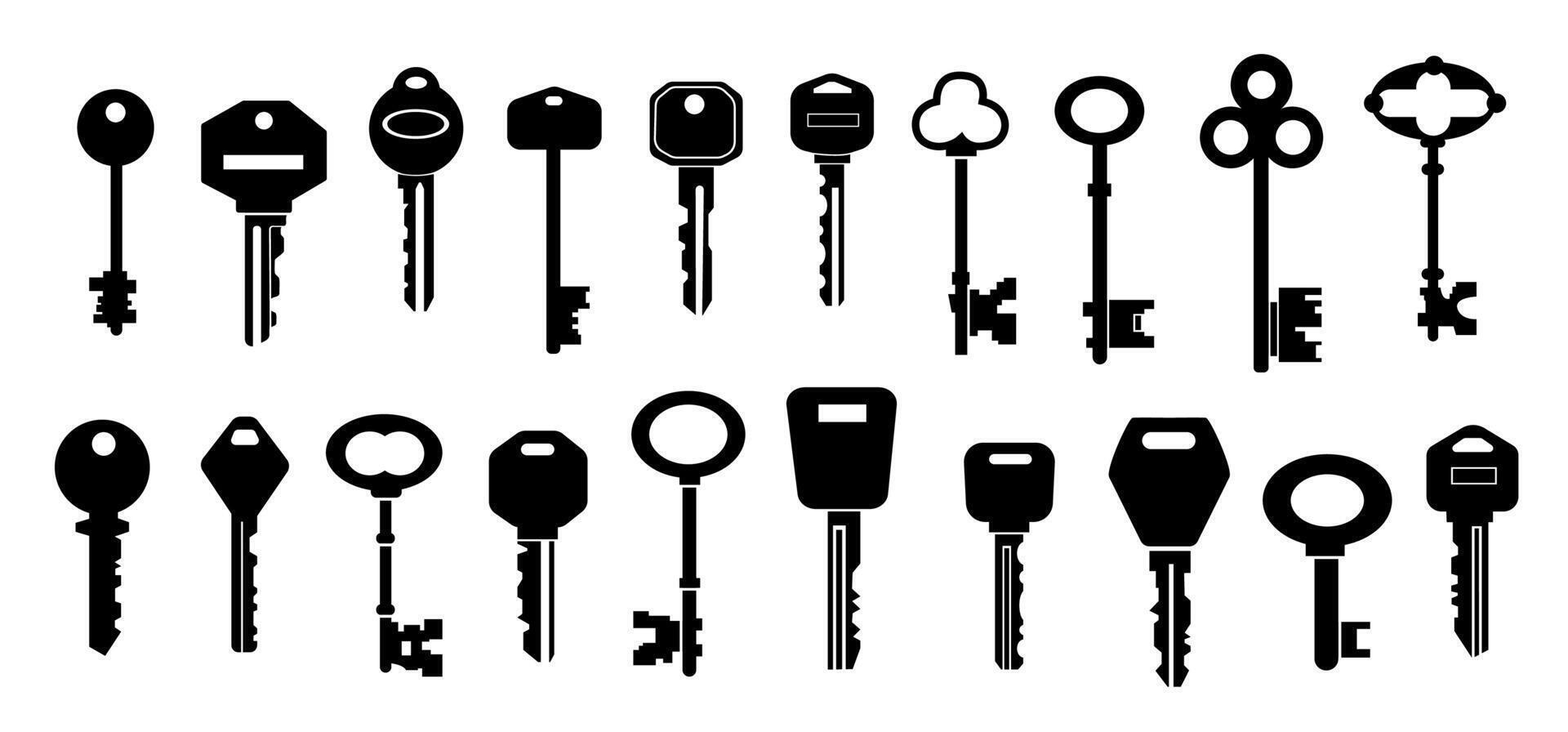 sleutels silhouetten. zwart vormen van modern en wijnoogst sleutel verzameling met verschillend hoofden maten en vormen. vector echt landgoed logo en veiligheid pictogrammen reeks