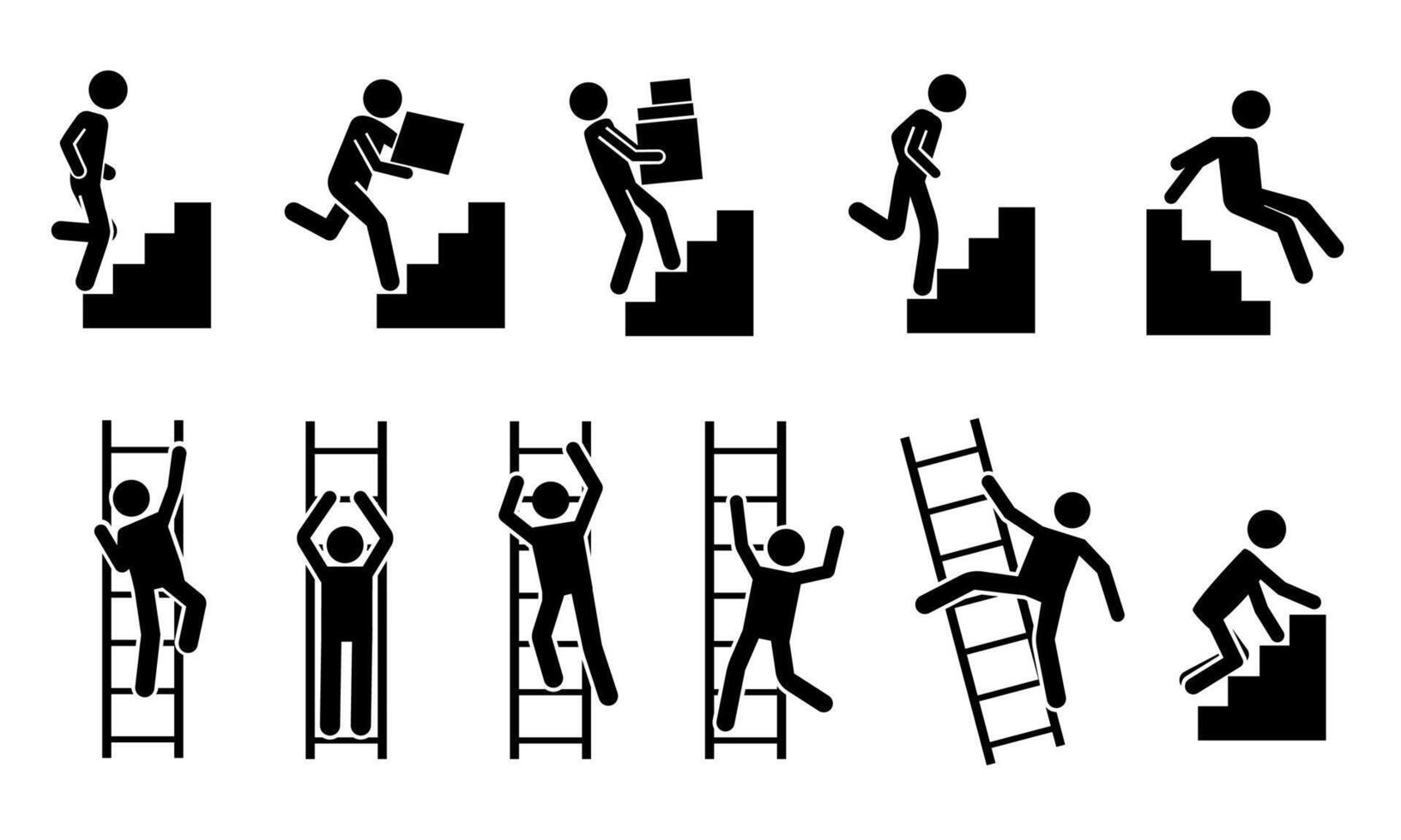 stok Mens Gaan omhoog. zwart pictogrammen van mensen beklimming Aan trappenhuis en ladder, stickman silhouetten. vector beweging en succes concept