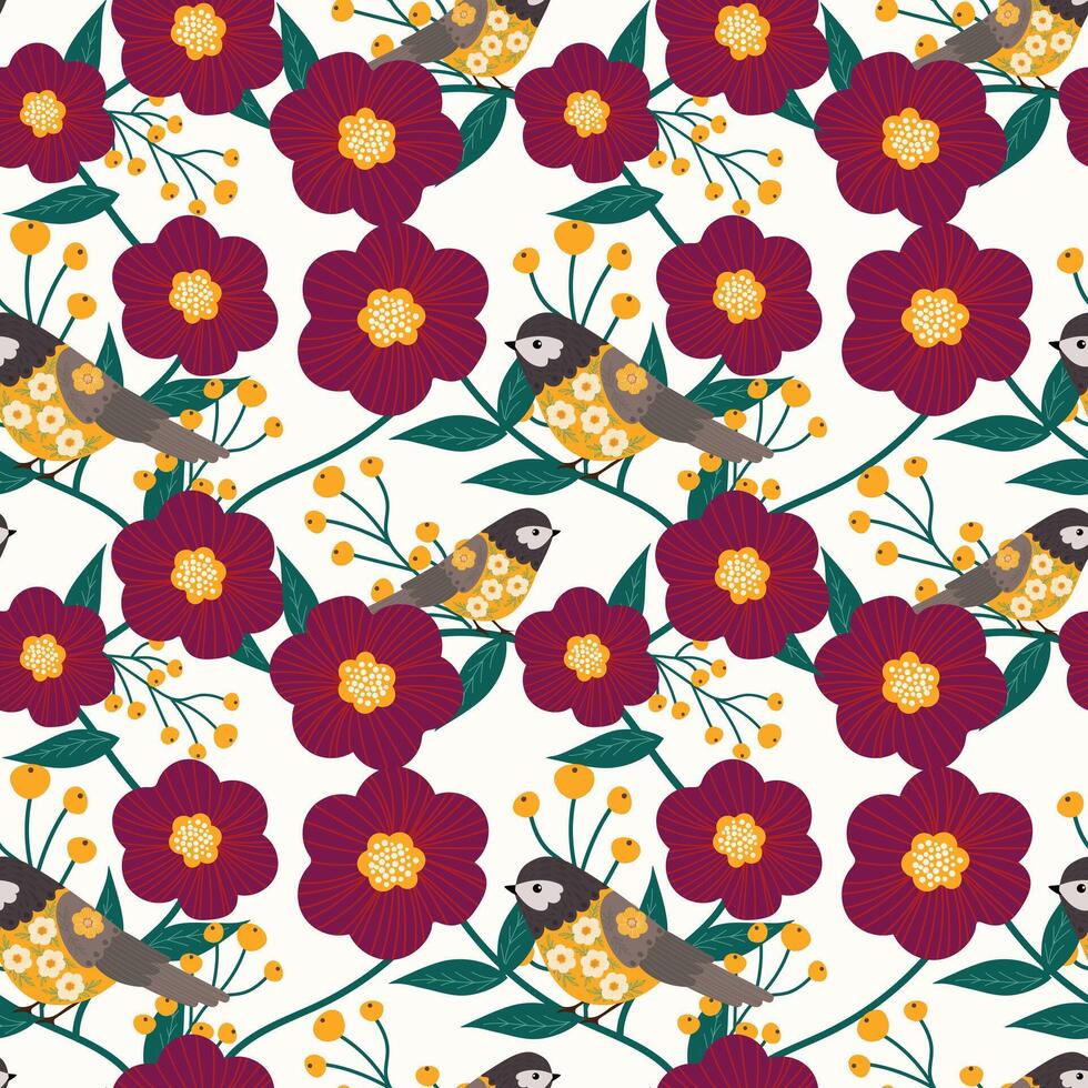 aanbiddelijk voorjaar vogel Aan bloemen Afdeling naadloos patroon vector illustratie voor uitnodiging groet verjaardag partij viering bruiloft kaart poster banier textiel behang papier inpakken achtergrond