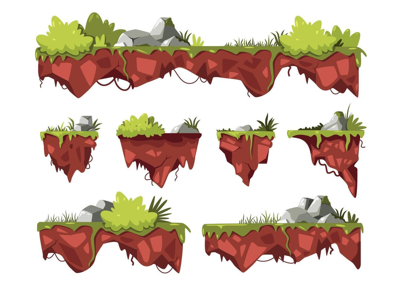 spel vliegend grond. tekenfilm platformen met groen gras struiken rotsen hangende in lucht, drijvend stukken van fantasie landschap voor spel Bedrijfsmiddel. vector reeks