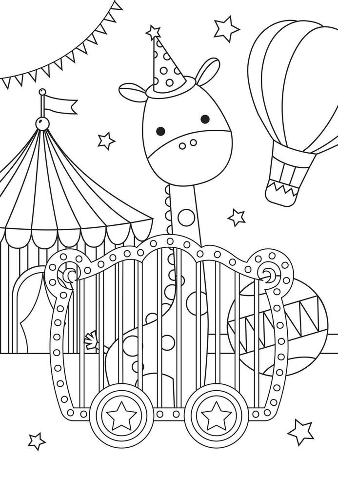 kleur bladzijde schets van schattig giraffe in voorkant van circus tent vector