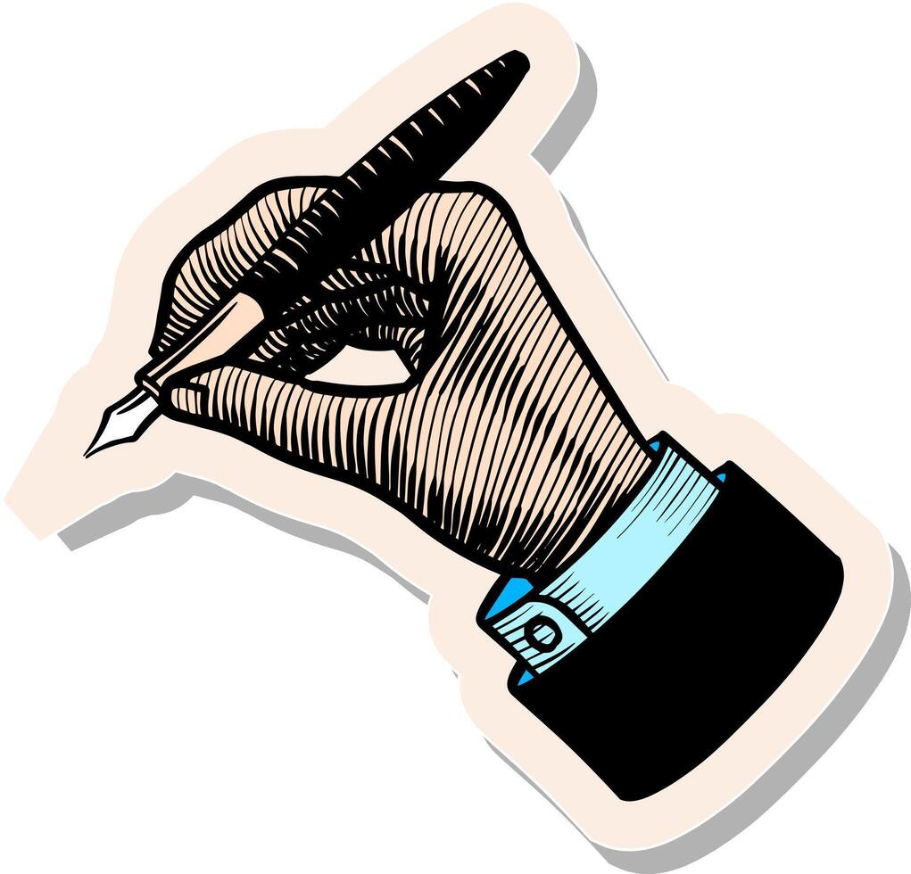 hand- getrokken hand- Holding pen in sticker stijl vector illustratie