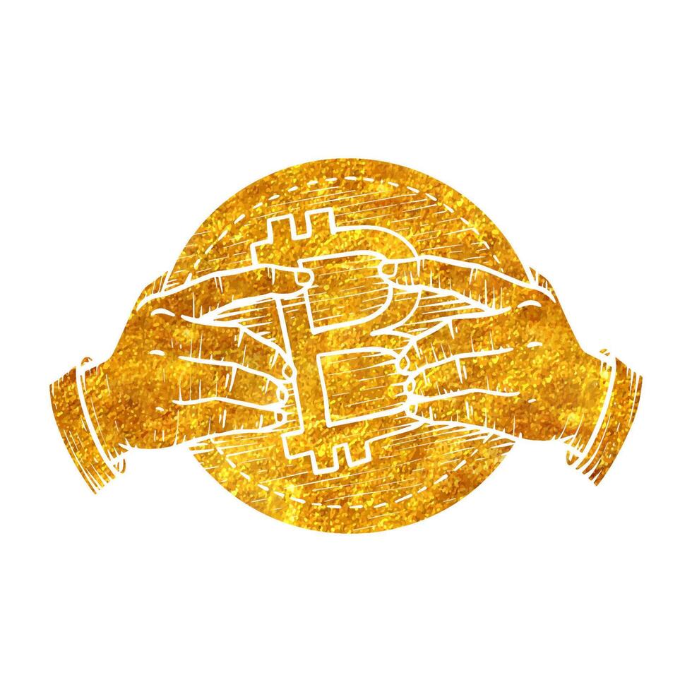 hand- Holding bitcoin munt in goud folie structuur vector illustratie