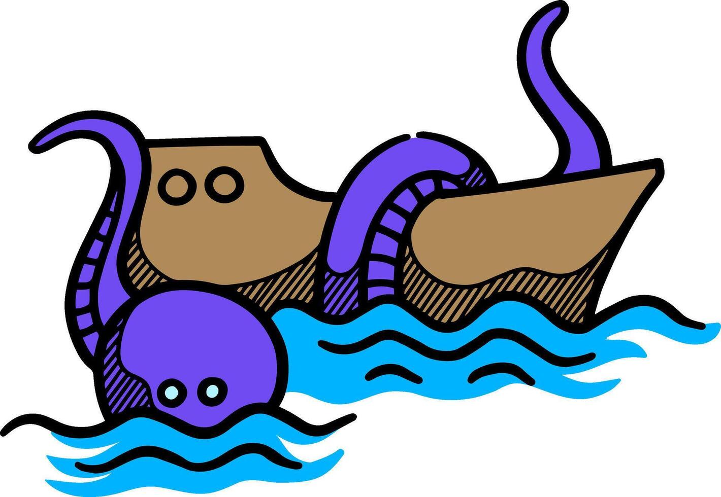 kleur schip en reusachtig Octopus icoon hand- getrokken vector