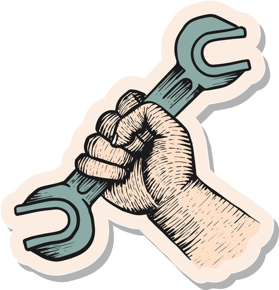 hand- getrokken sticker stijl hand- Holding moersleutel moersleutel vector illustratie