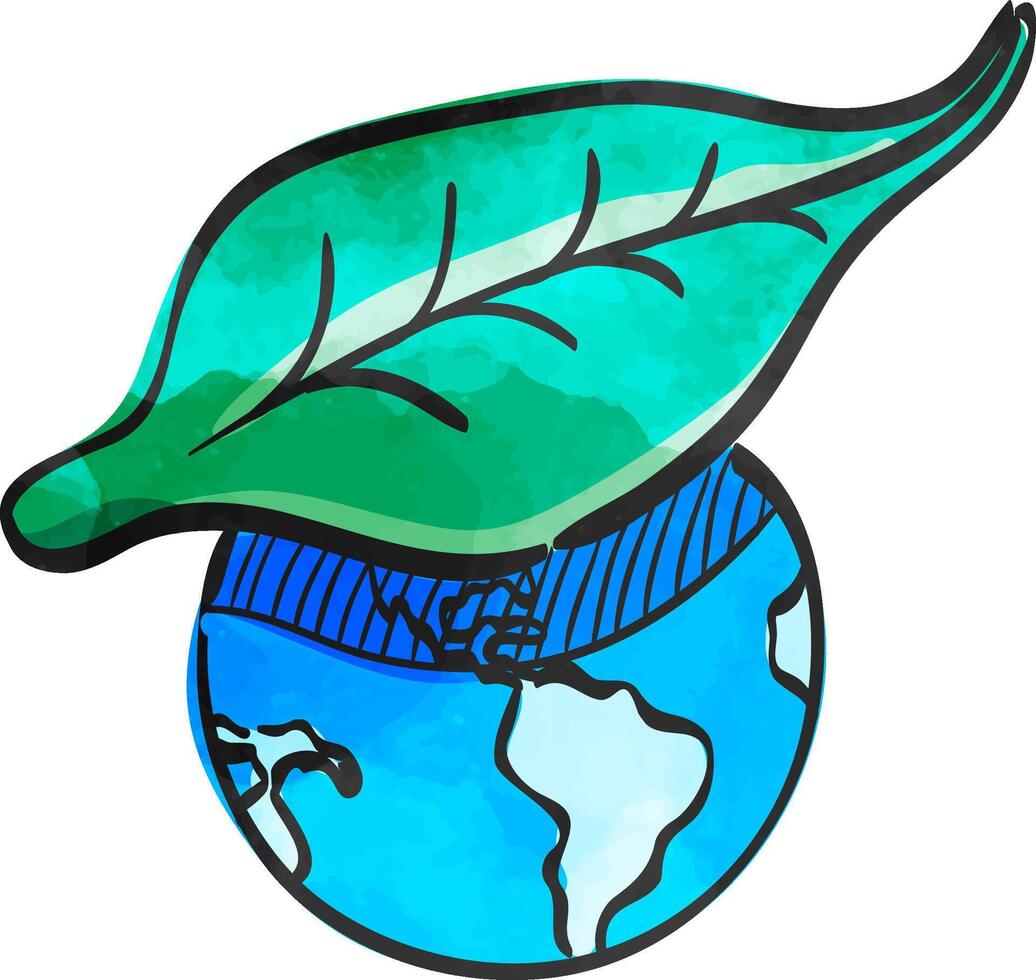 wereldbol met blad icoon in kleur tekening. aarde bescherming, behoud vector