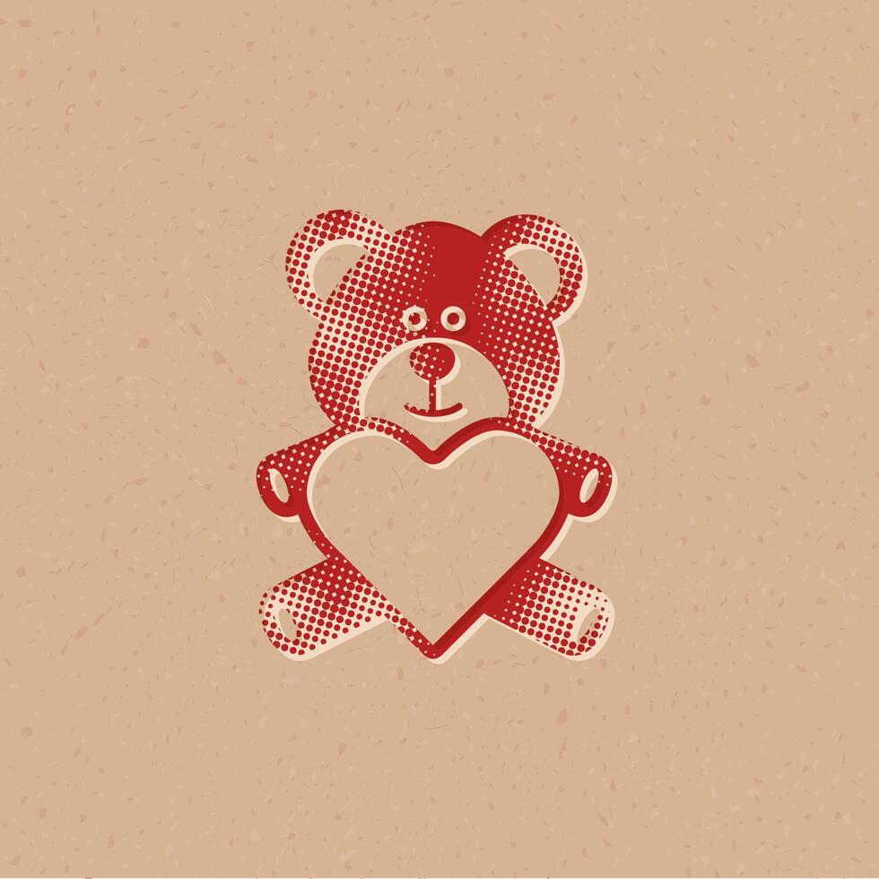 teddy Holding hart vorm halftone stijl icoon met grunge achtergrond vector illustratie