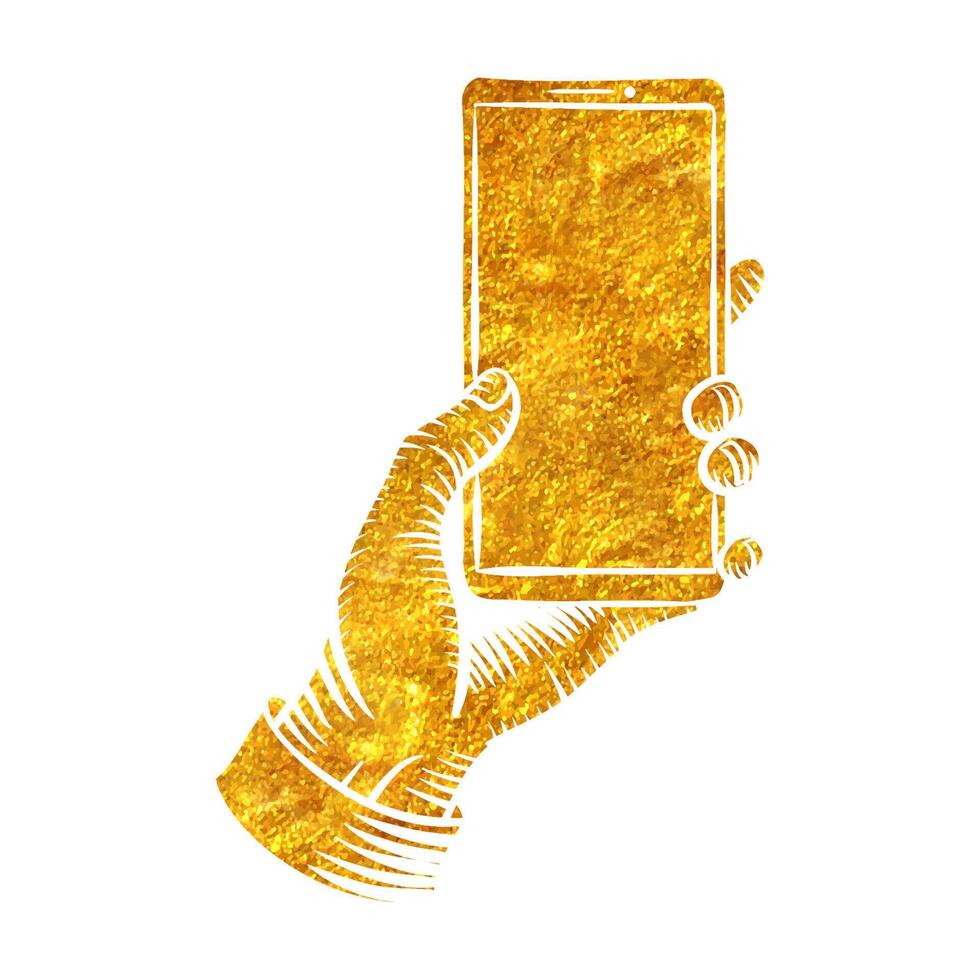 hand- getrokken hand- Holding slim telefoon sjabloon wijnoogst schetsen in goud folie structuur vector illustratie