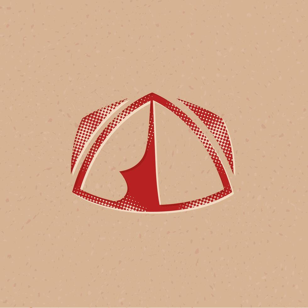 camping tent halftone stijl icoon met grunge achtergrond vector illustratie