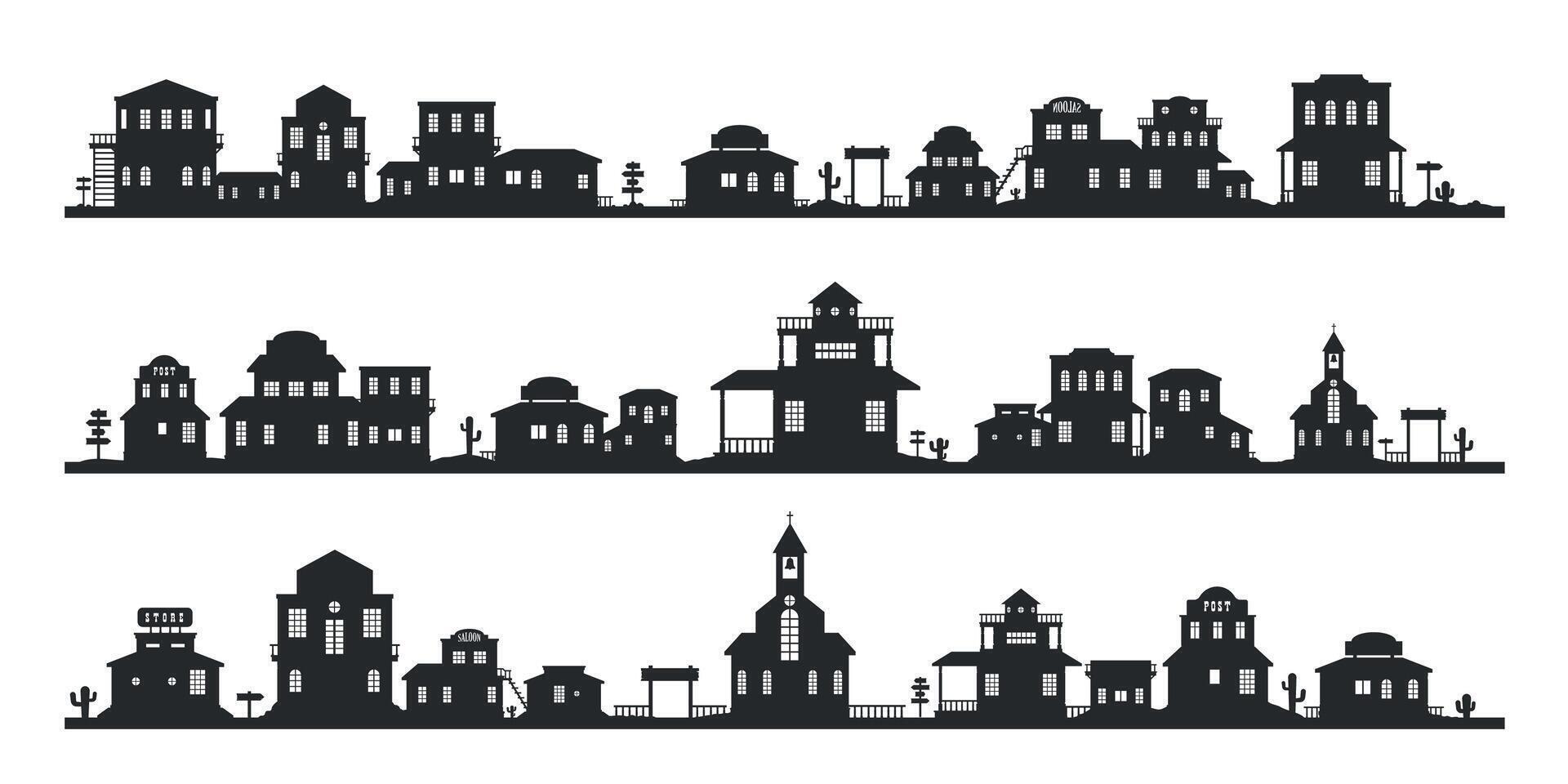 western silhouet panorama. wild west traditioneel gebouwen landschap, monochroom achtergrond met oud land straat huizen. vector verzameling