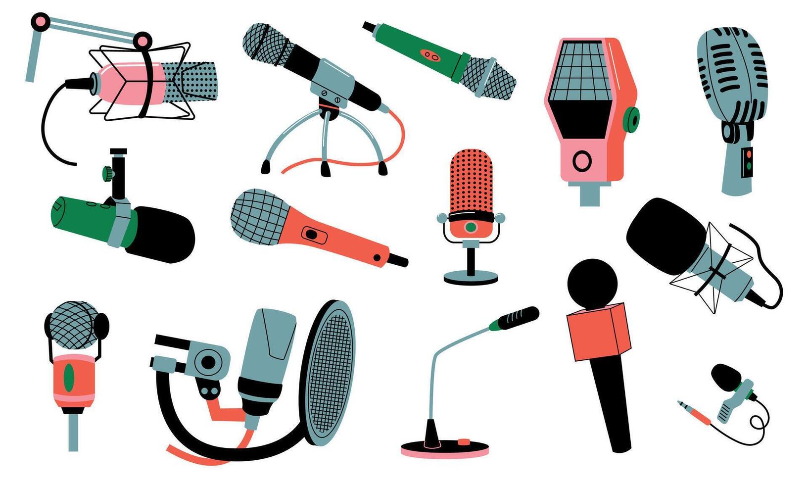 tekenfilm mic set. microfoons voor stadium prestatie, studio opnemen, audio podcast uitzending, karaoke vocaal, muziek- Vermelding uitrusting vlak stijl. vector geïsoleerd illustratie