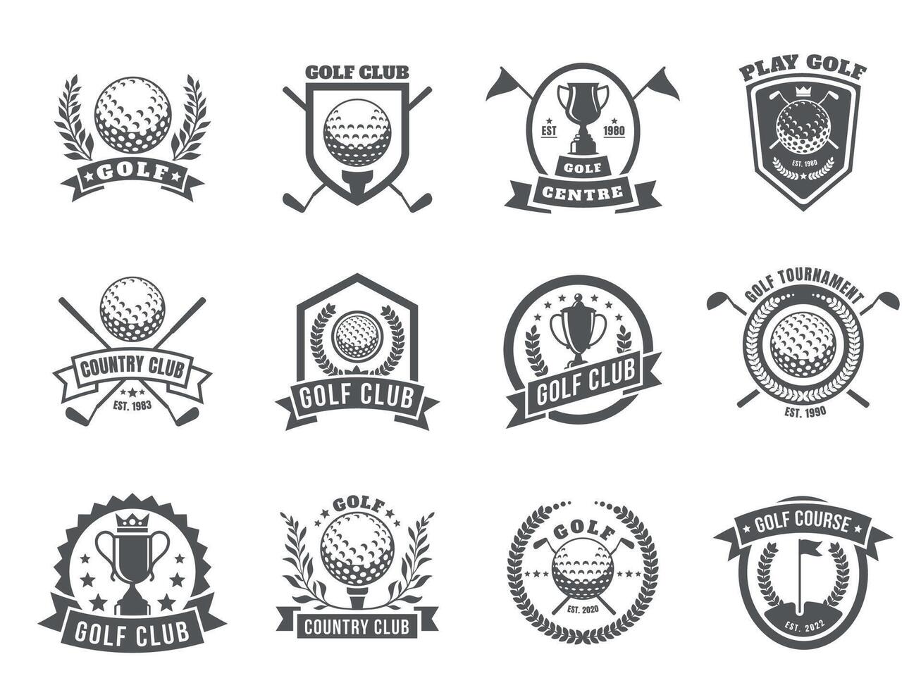 golf logo. embleem badges met golf Clubs en ballen voor Cursus embleem, retro land club badges met tee en bal. vector geïsoleerd reeks