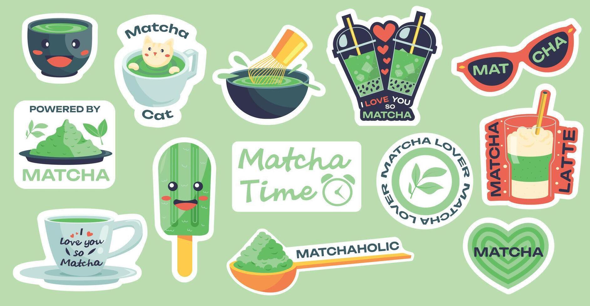 tekenfilm kawaii matcha. grappig tekening groen thee karakters, schattig stickers met gezichten traditioneel Aziatisch natuurlijk drank ontgiften voedsel. vector vlak reeks