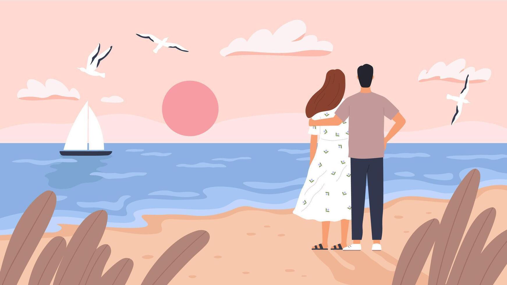 paar Bij zee zonsondergang. Mens en vrouw Aan datum Bij zomer strand. zeegezicht met boot, meeuwen en toeristen. romantisch bruiloft reizen vector concept