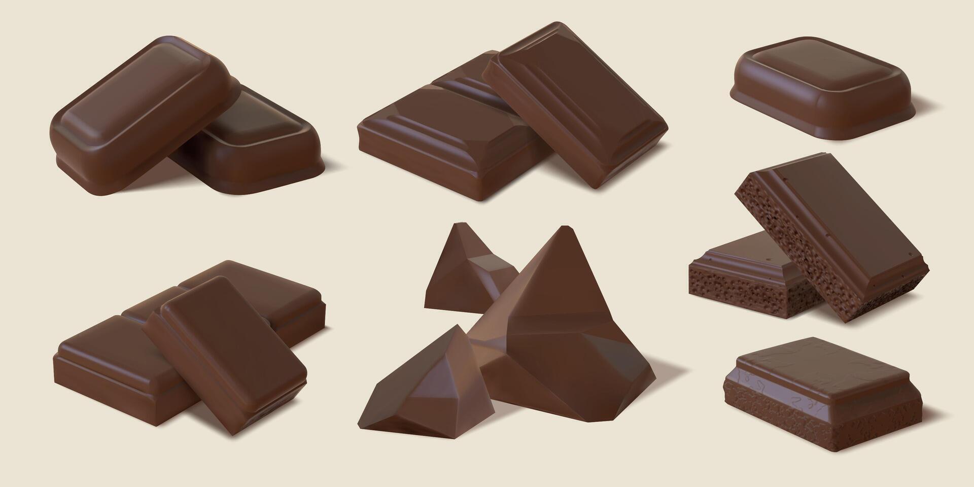 realistisch donker en melk chocola bar stukken en brokken. 3d bitter cacao snoep, zoet bruin bubbel chocola blok. tussendoortje toetje vector reeks