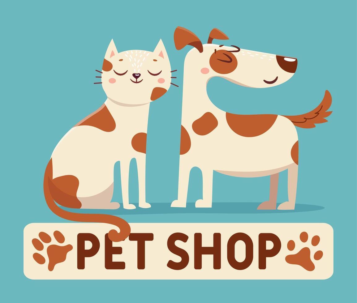 kat en hond. tekenfilm huisdier winkel of dierenarts op te slaan logo teken met gelukkig dieren. vrienden katje en puppy samen. dierenarts etiket vector ontwerp