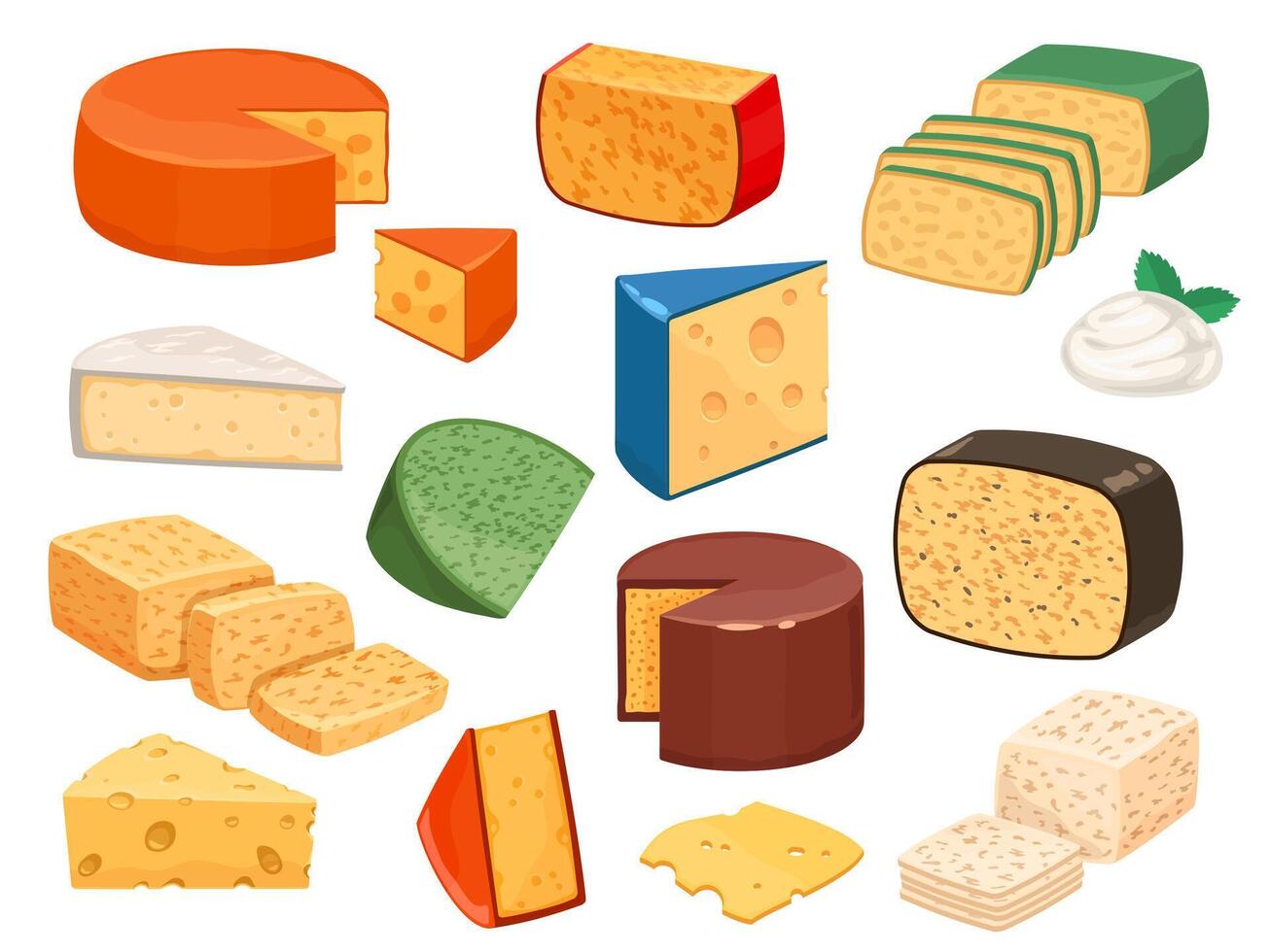 kaas soorten. tekenfilm gesneden parmezaan, Brie driehoek, Mozzarella, Gouda Cheddar en feta plakjes. smakelijk zuivel voedsel Product. kaas vector reeks