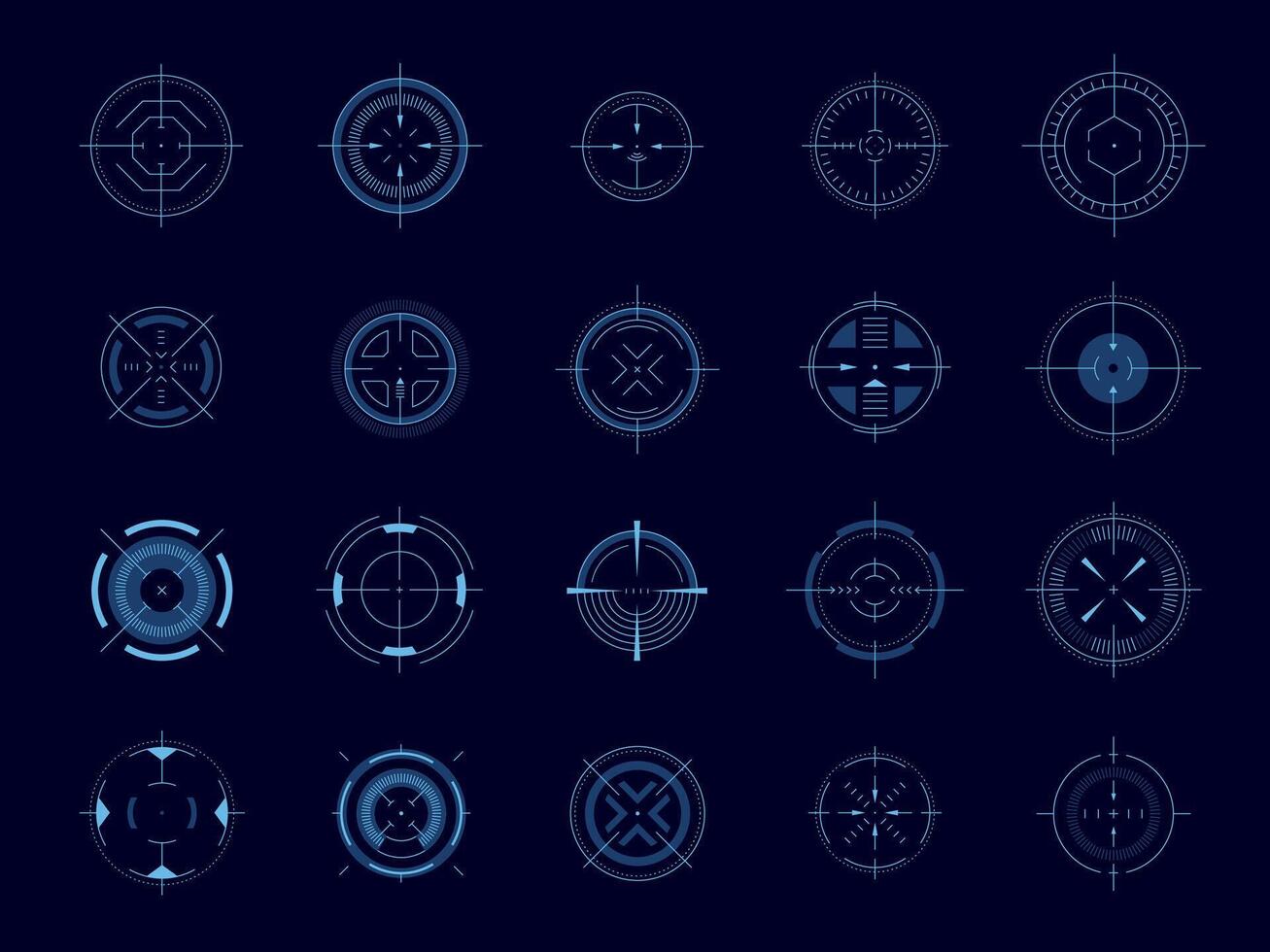 futuristische doel wijzer. cirkel hud gebruiker koppel element, wapen collimator ronde doel, digitaal focus ui spel Bedrijfsmiddel. vector nauwkeurigheid symbolen geïsoleerd reeks