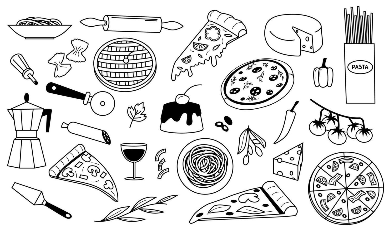 tekening Italiaans voedsel. nationaal keuken achtergrond met spaghetti pasta pizza en nagerecht, kaas tomaat peperoni olijf- olie ingrediënten. vector reeks