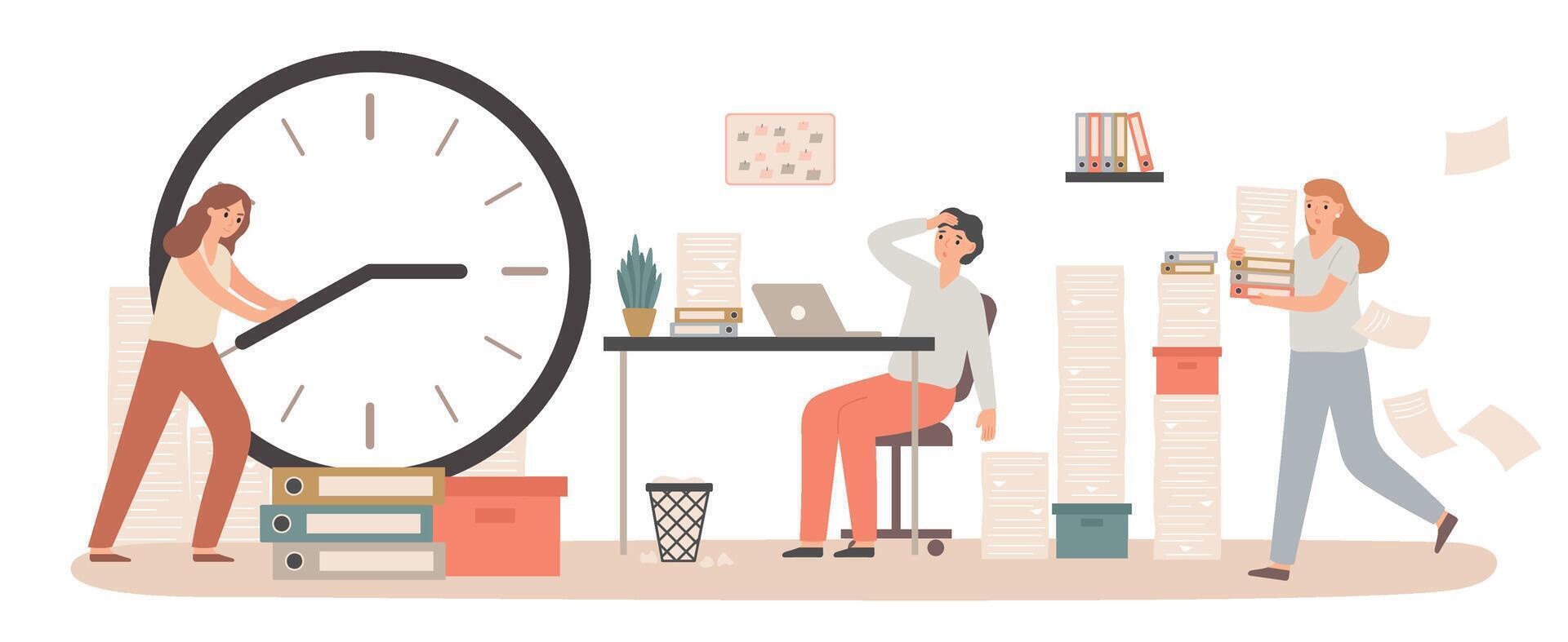 tijd beheer met bedrijf deadline klok concept. uitgeput vrouw zittend Bij bureau met laptop. werknemer Holding wijzerplaat pijlen vector