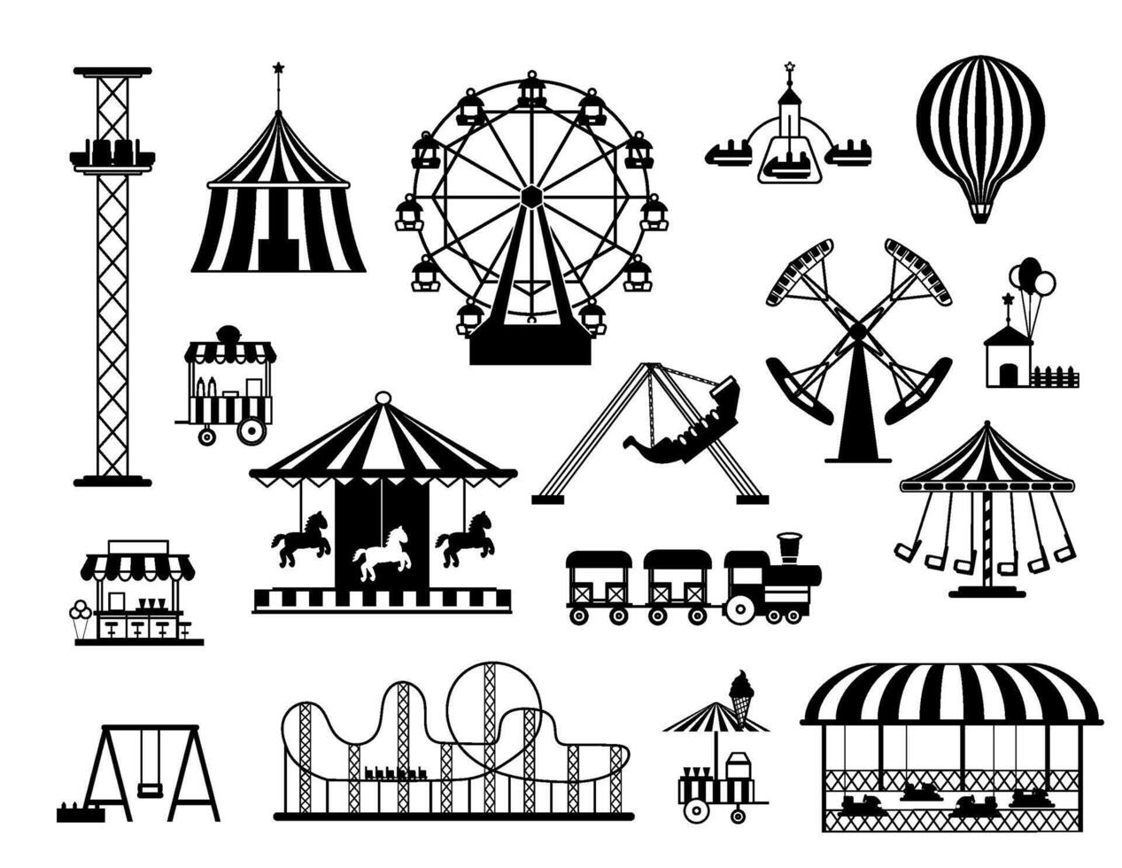 pret amusement carnaval park attracties en draaimolens zwart silhouetten. kermis circus tent, schommels, trein en heet lucht ballon vector reeks