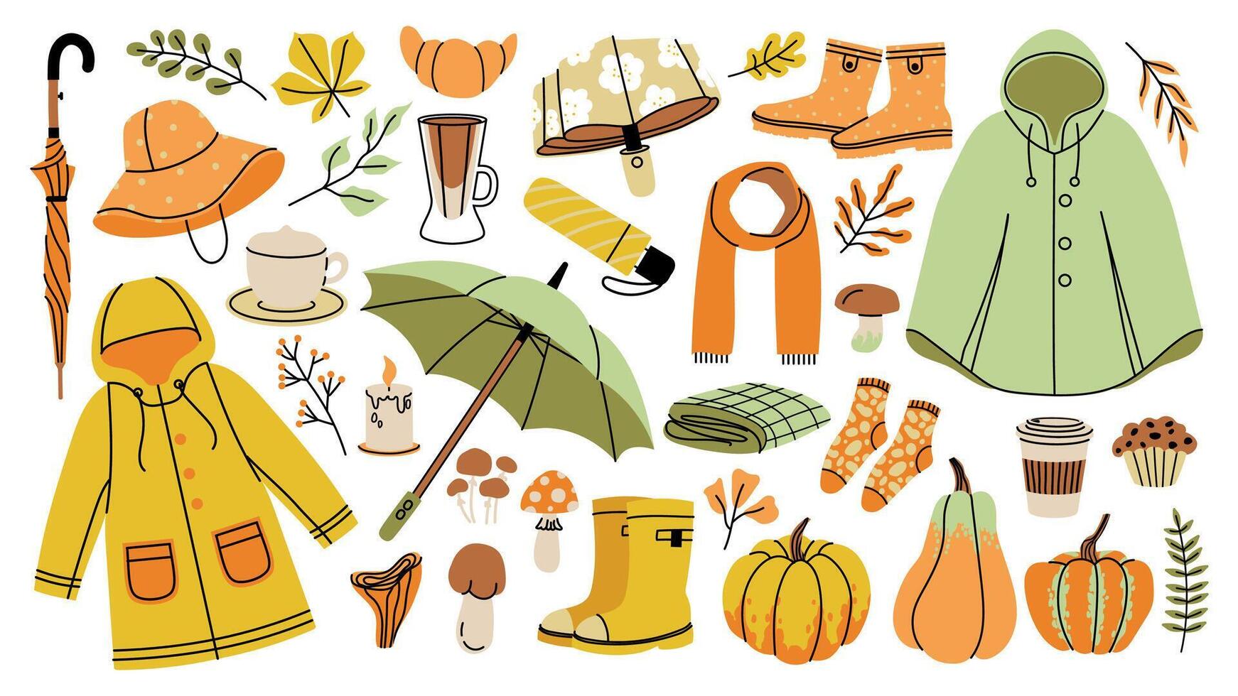 herfst verzameling. tekenfilm vallen uitstraling pictogrammen, knus kleding paraplu regenjas bladeren en warm voedsel elementen voor vallen seizoen. vector Hallo herfst reeks
