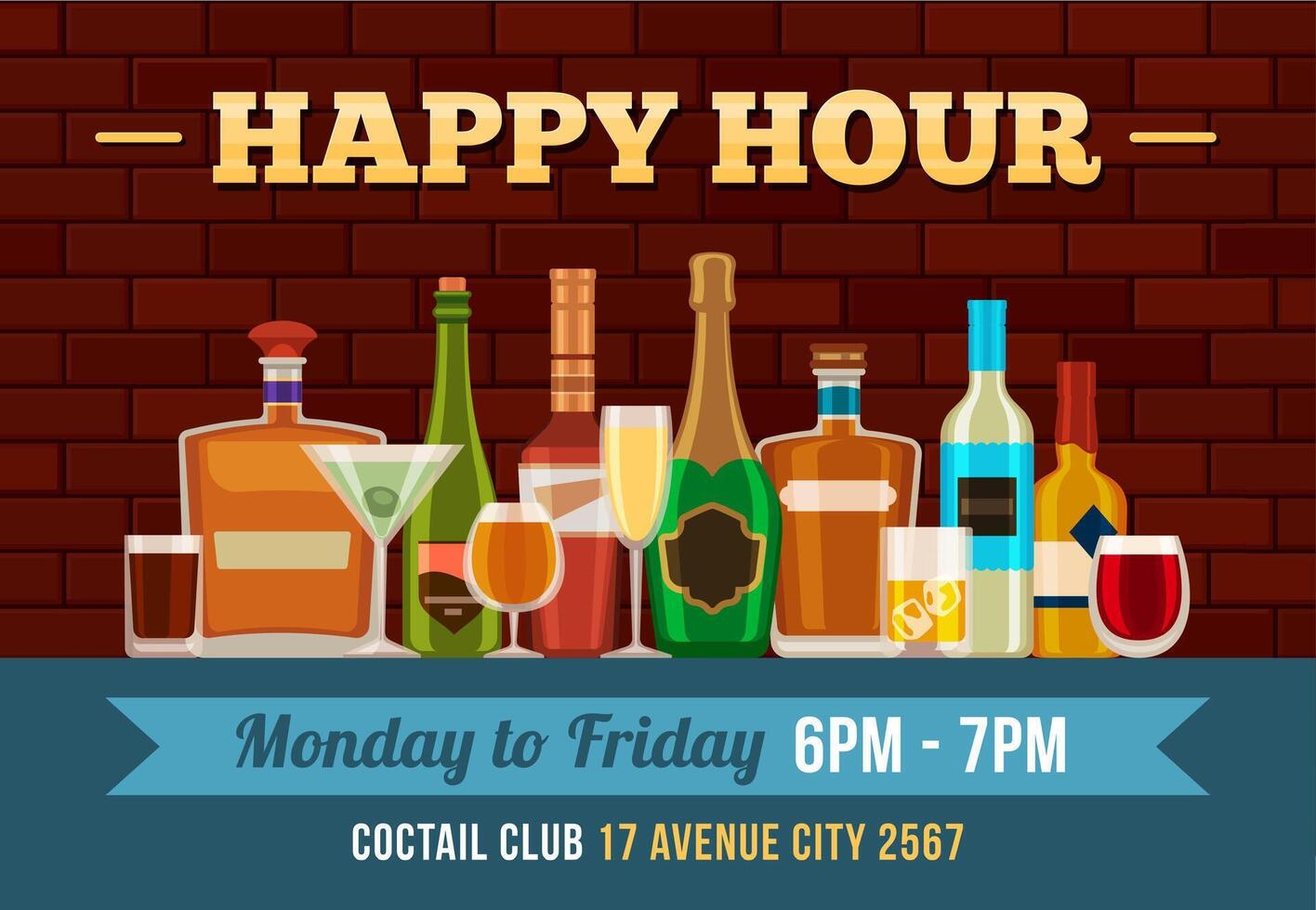 bar gelukkig uur poster. alcoholisch drankjes aanbod voor kroeg. flessen en bril met drank, bier en cocktails. vrij alcohol folder vector concept
