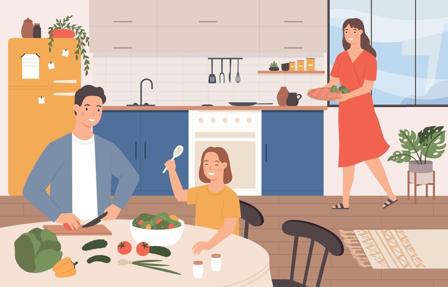 familie Koken samen. tekenfilm gelukkig ouders en dochter maken avondeten samen in keuken. vader en kind snijdend groenten vector