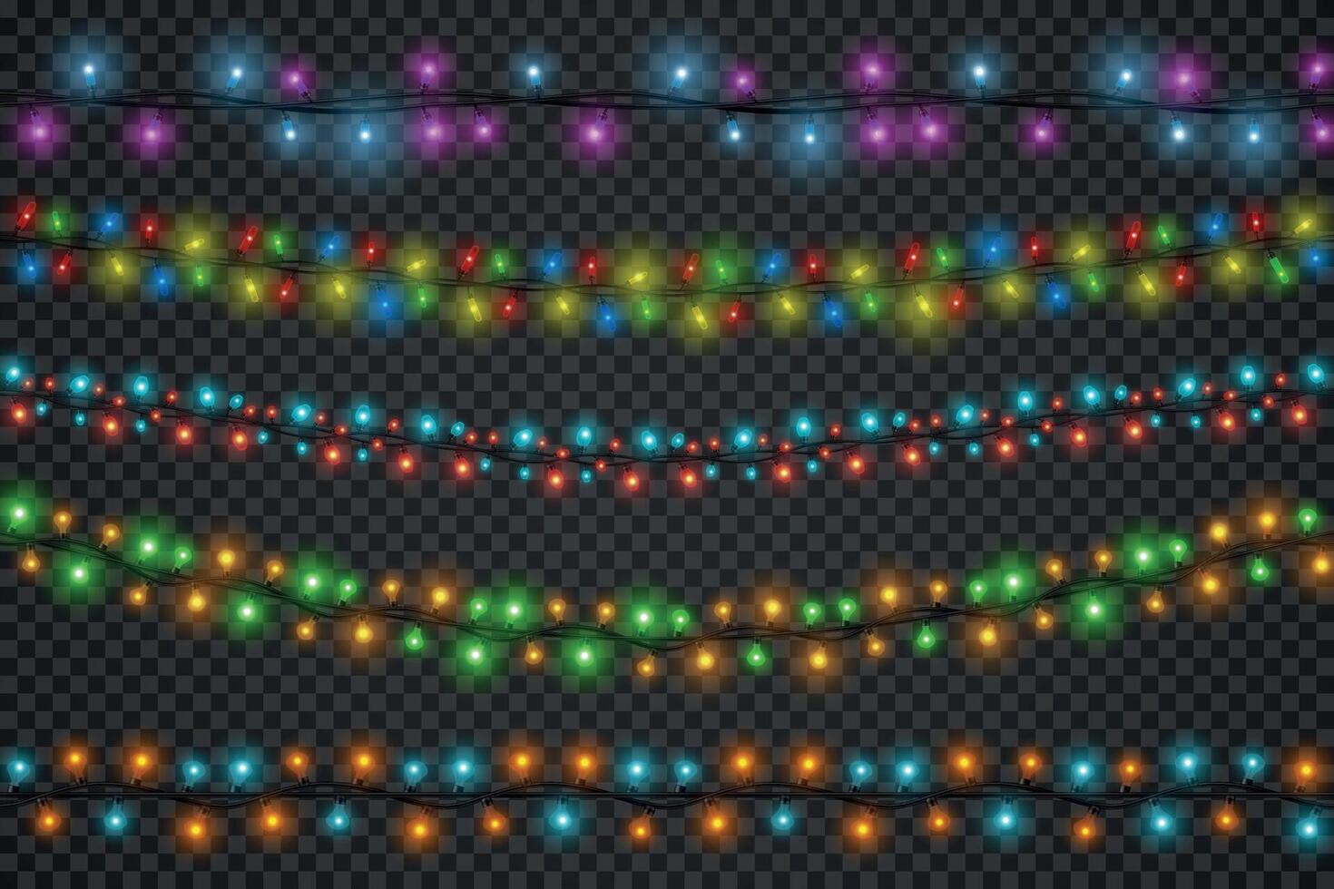 realistisch Kerstmis gekleurde gloeiend licht slingers grenzen. winter vakantie, partij of feestelijk decoratie draad met LED lichten vector reeks