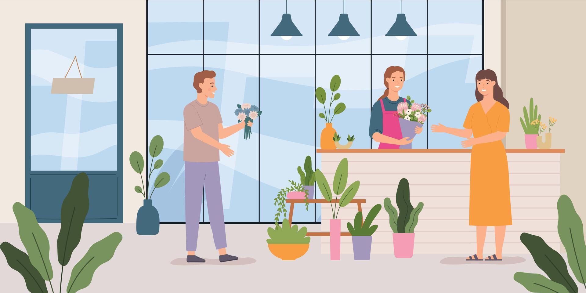 bloem op te slaan. bloemist maken boeket voor vrouw cliënt. vrolijk mannetje klant buying planten. vrouw staand Bij teller vector