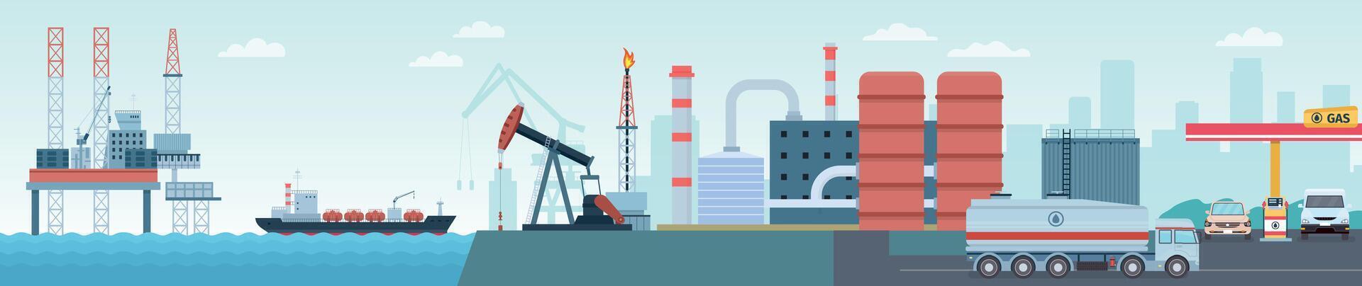 olie petroleum industrie extractie, productie en vervoer infografisch. zee tuig, tanker, raffinaderij fabriek en gas- station vector concept