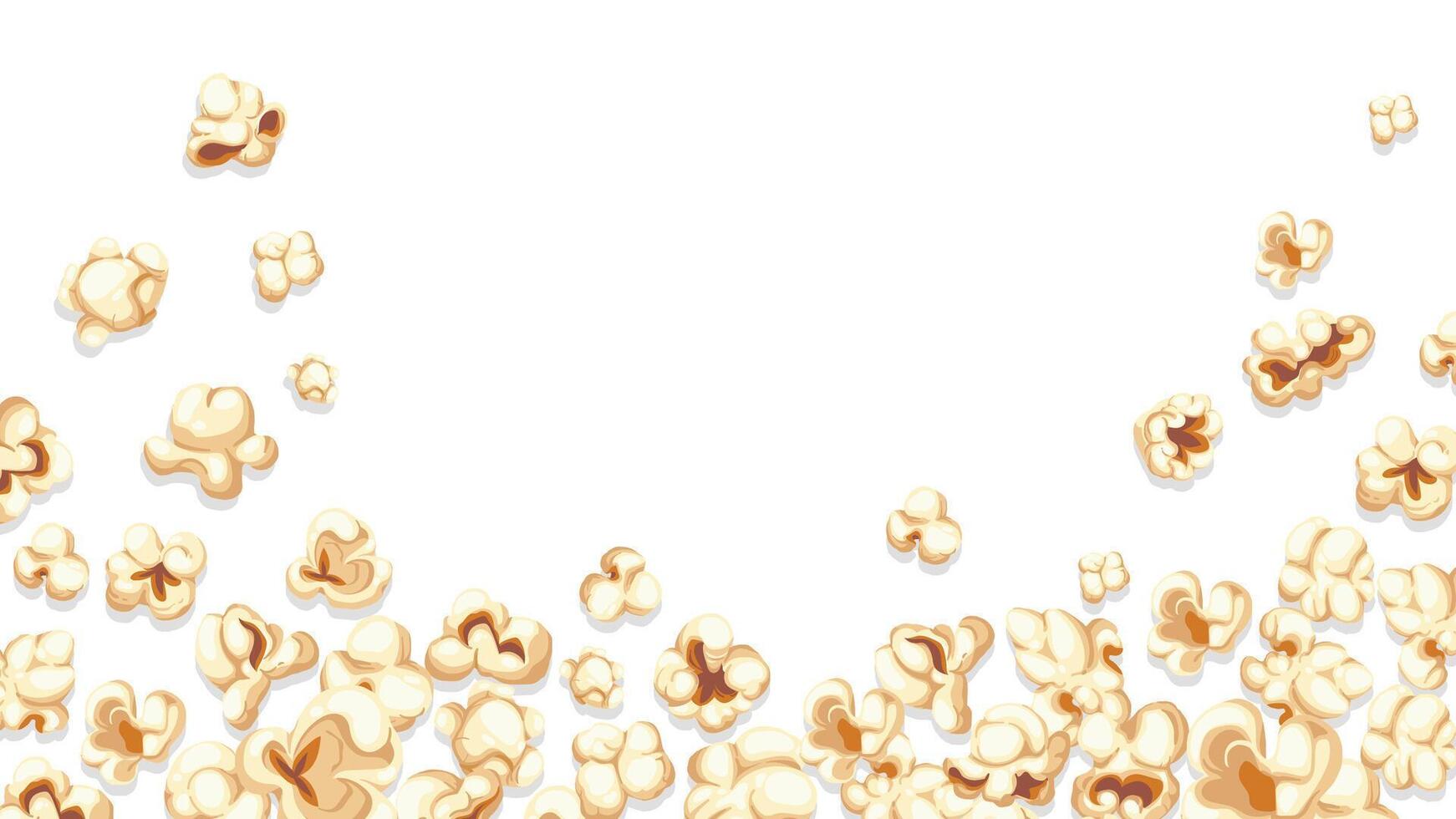 vallend popcorn achtergrond. tekenfilm film banier met pret bioscoop snacks van divers vormen, framing Hoes met vliegend knallen maïs. vector illustratie