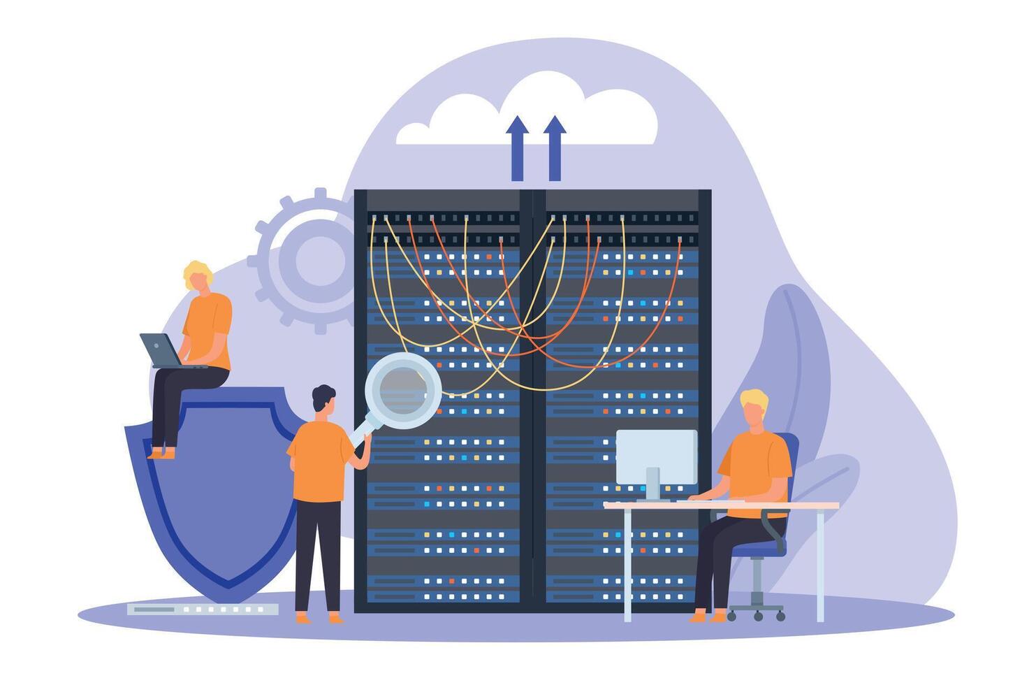 systeem beheerder, server onderhouden, ondersteuning en veiligheid concept. wolk netwerk opslagruimte technologie, sysadmin vaststelling servers vector banier