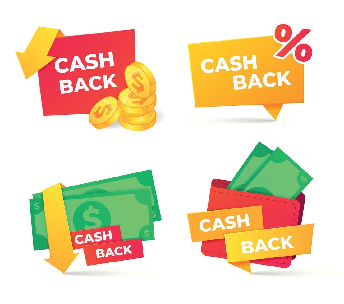 cashback insignes. portemonnee met dollar bankbiljetten, betalen online en ontvangen geld terug onderhoud. geld terugkeren etiket vector