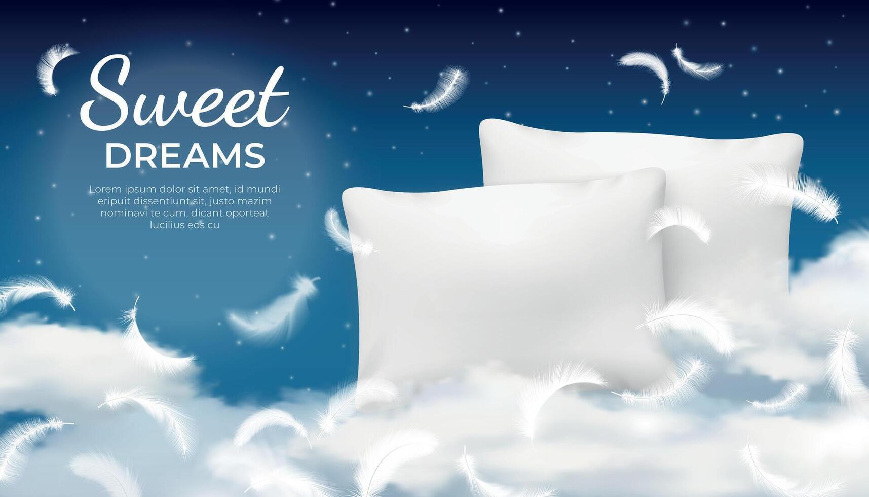 realistisch droom poster met zacht kussen, wolk en veren. kom tot rust, rust uit en slaap concept met nacht lucht. katoen kussen vector reclame