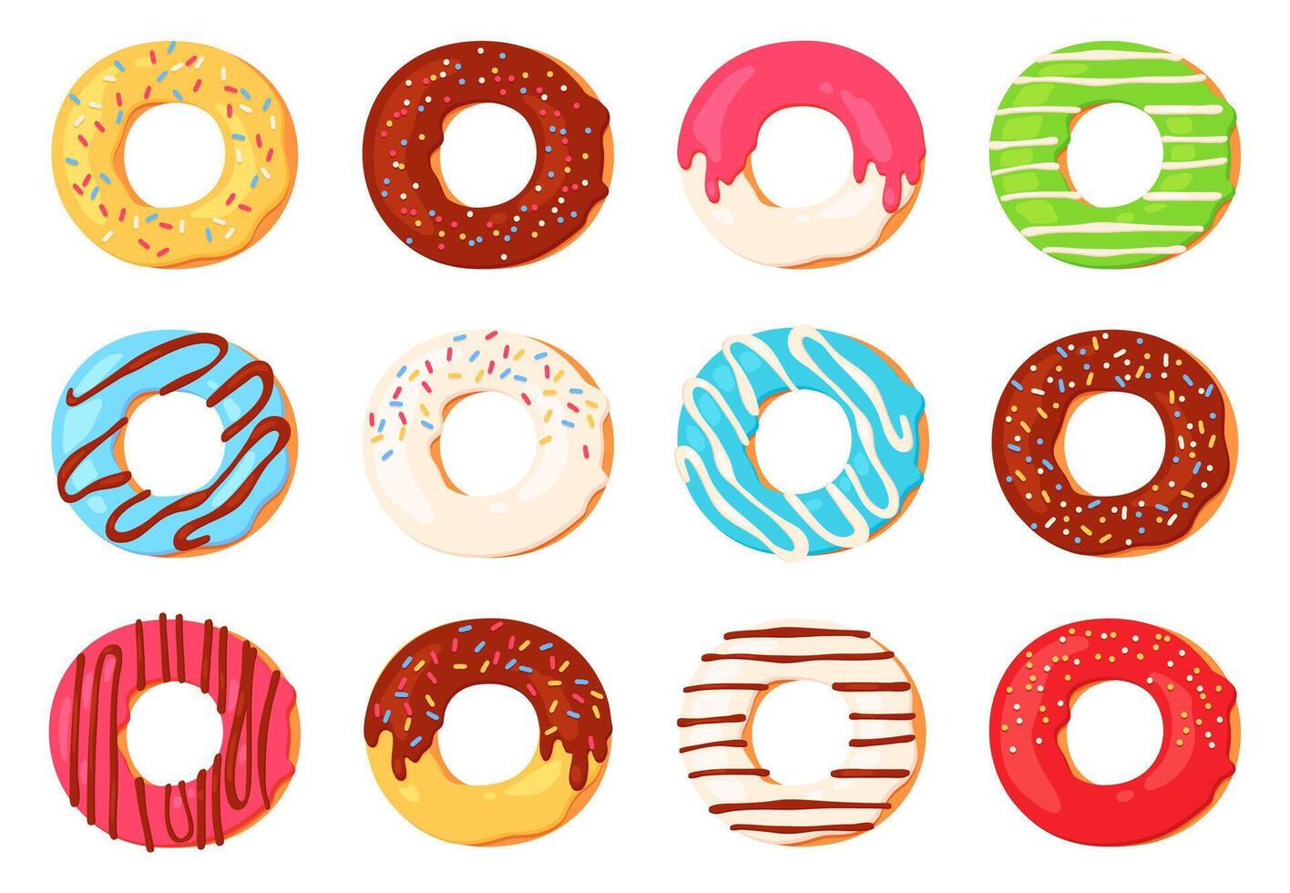 tekenfilm donuts. chocola donut met suikerglazuur en hagelslag top visie. ronde zoet toetje voor cafe decoratie. donut glazuur ontwerp vector reeks