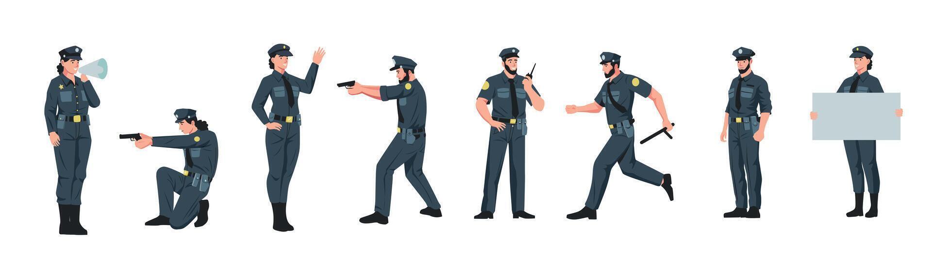 politieagent en politieagente. mannetje en vrouw Politie officieren in verschillend poseert, tekenfilm politieagent tekens werken Bij handhaving functie. vector vlak reeks