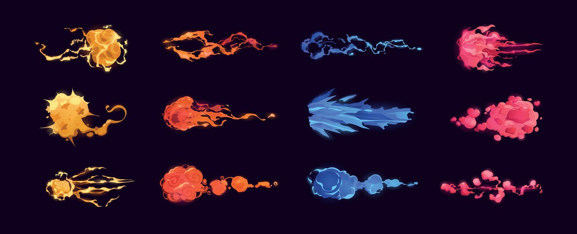 laser geweer balken. tekenfilm macht ontploffing Effecten, energie wapen staking 2d spel Bedrijfsmiddel, magie spellen gips en futuristische straling en plasma geweer aanval. vector reeks