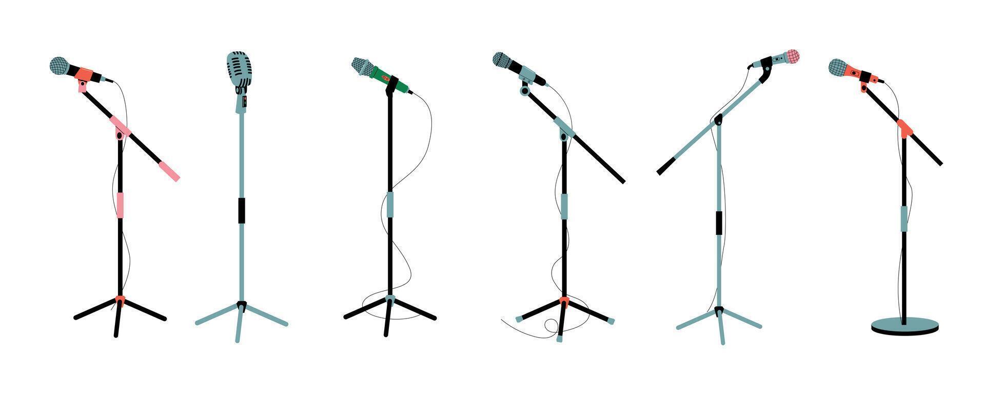 microfoon Aan stellage. mic instrumenten voor concert stadium prestatie, studio interview opnemen, omroep muziek- audio uitrusting tekenfilm vlak stijl. vector geïsoleerd reeks
