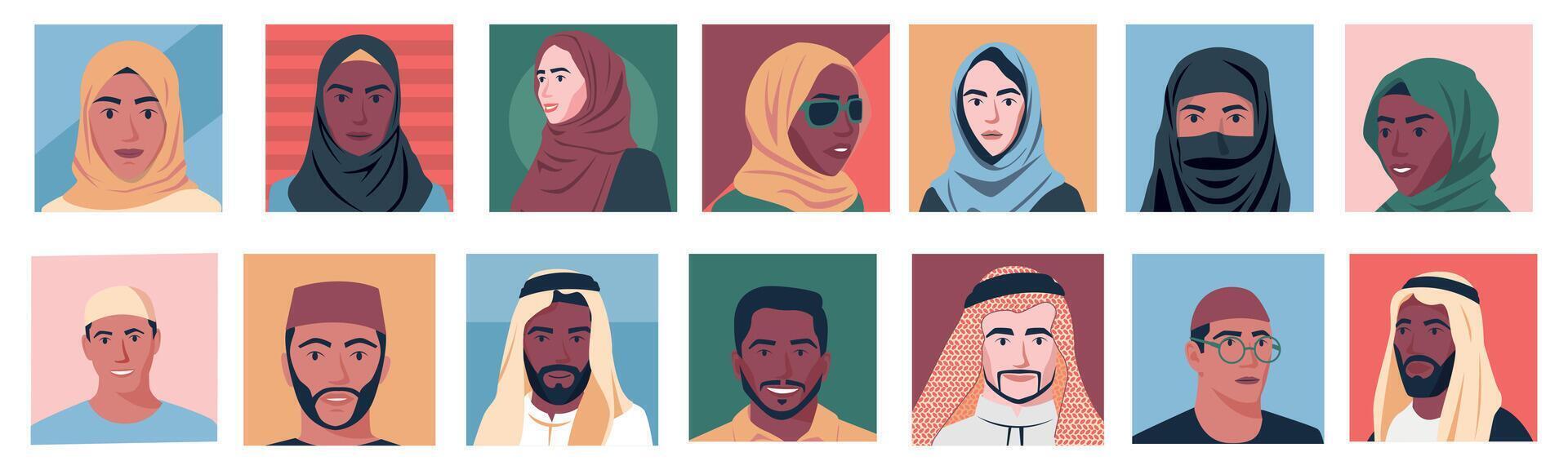 midden- oostelijk mensen avatars. Mens en vrouw portretten voor gebruiker profielen, tekenfilm Arabisch mannetje en vrouw tekens verschillend ras concept. vector reeks